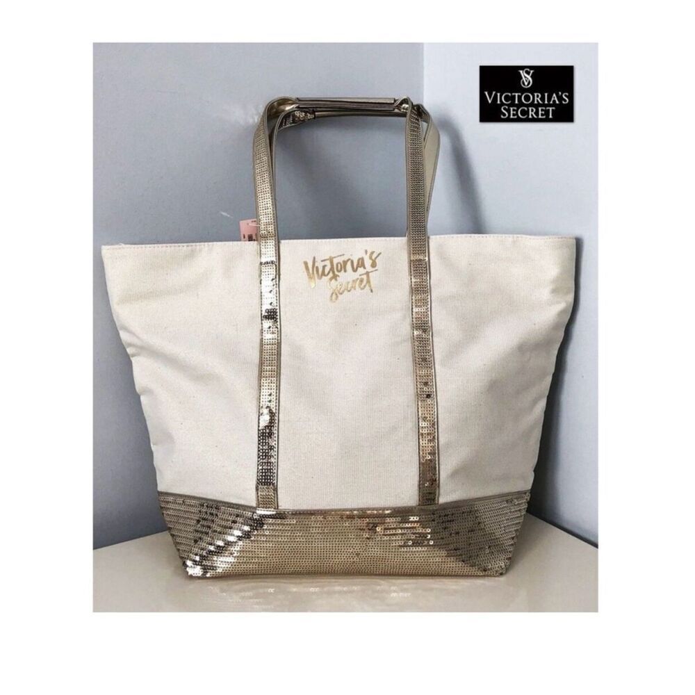 NWT  Gorgeous Victoria's Secret Tote Bag Cream-Gold Sparkle Sequin Bling Bling